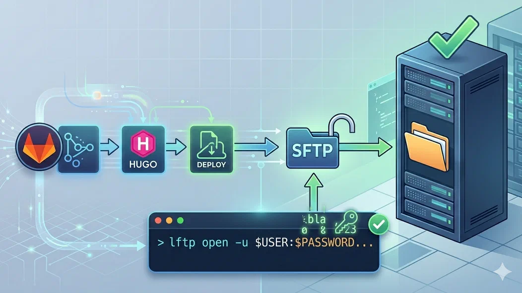 An isometric, tech-themed illustration in shades of blue and neon green, depicting a GitLab CI/CD deployment pipeline on a grid background.