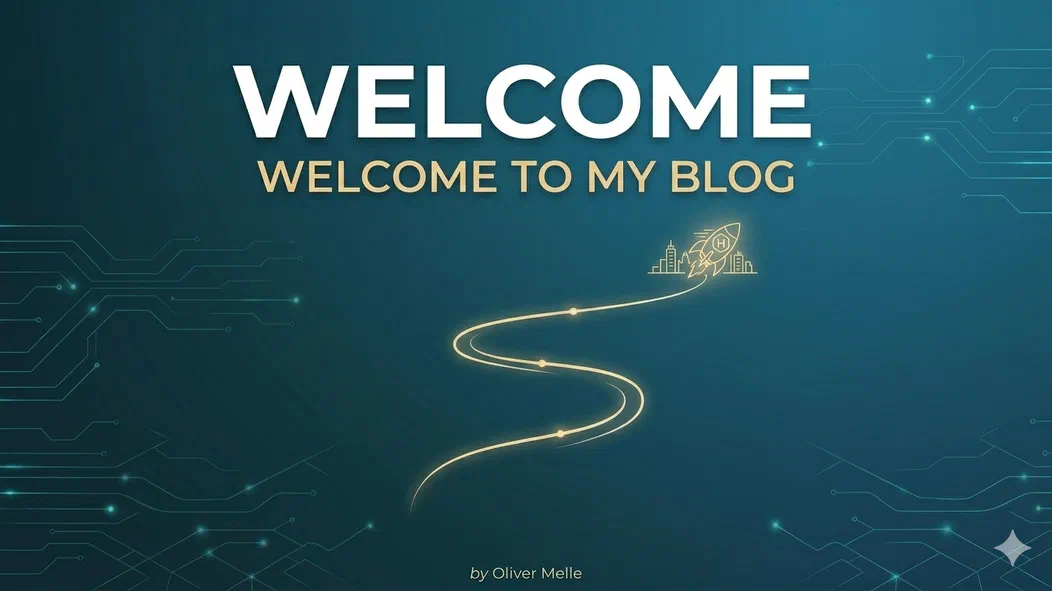 A minimalist digital banner with a dark teal background featuring “WELCOME TO MY BLOG” in bold white and
gold text. A glowing golden line trails upward toward a rocket icon and a stylized city skyline, surrounded by
subtle circuit board patterns.